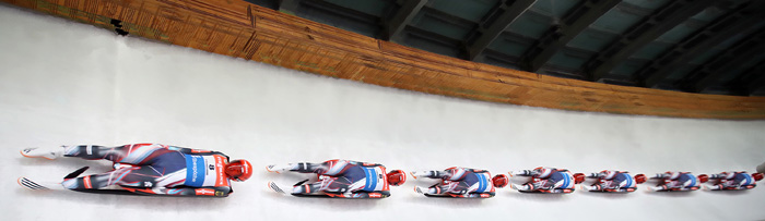 German athlete Julian von Schleinitz rushes down the track in a series of photos in the men’s single competition at the Viessmann Luge World Cup at the Alpensia Sliding Center in PyeongChang, Gangwon-do Province, on Feb. 19.